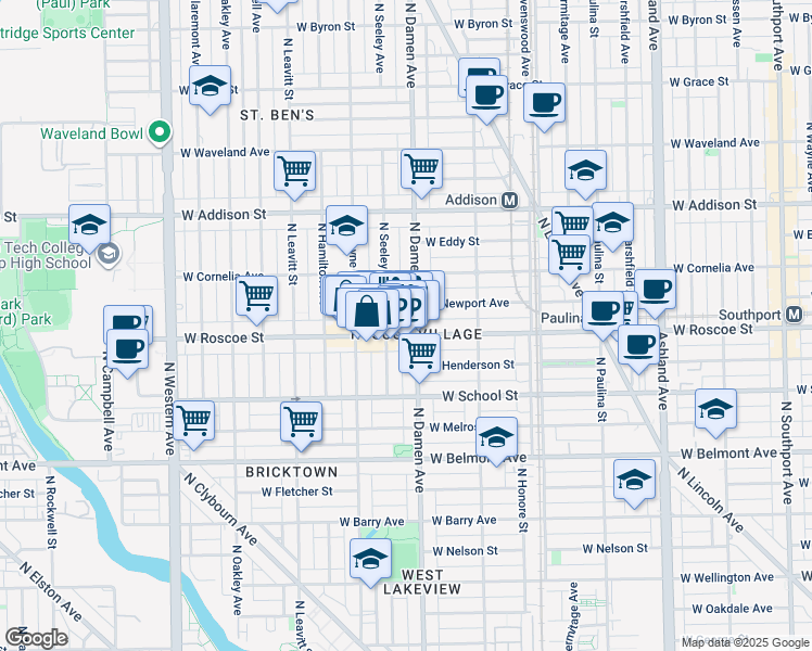 map of restaurants, bars, coffee shops, grocery stores, and more near 2025 West Roscoe Street in Chicago