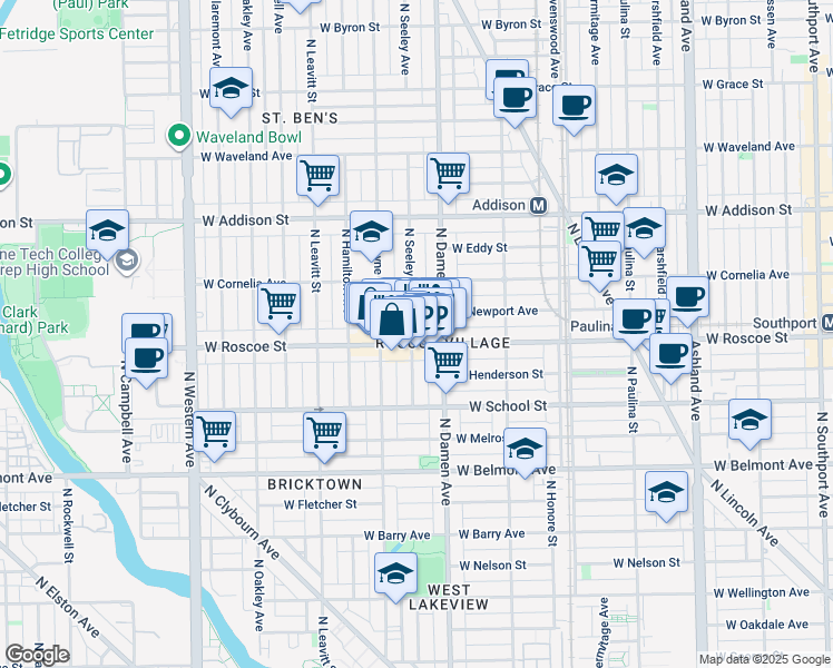 map of restaurants, bars, coffee shops, grocery stores, and more near 2025 West Roscoe Street in Chicago