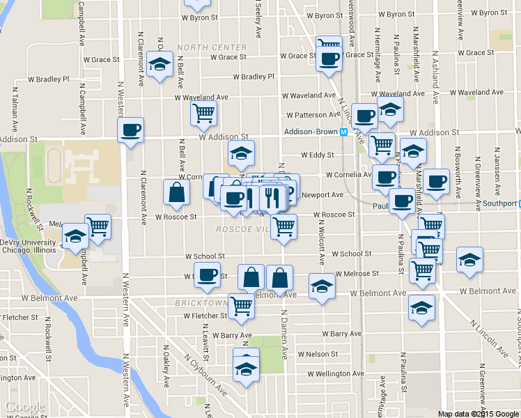 map of restaurants, bars, coffee shops, grocery stores, and more near 2025 West Roscoe Street in Chicago