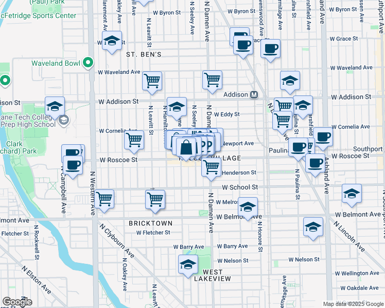 map of restaurants, bars, coffee shops, grocery stores, and more near 2025 West Roscoe Street in Chicago