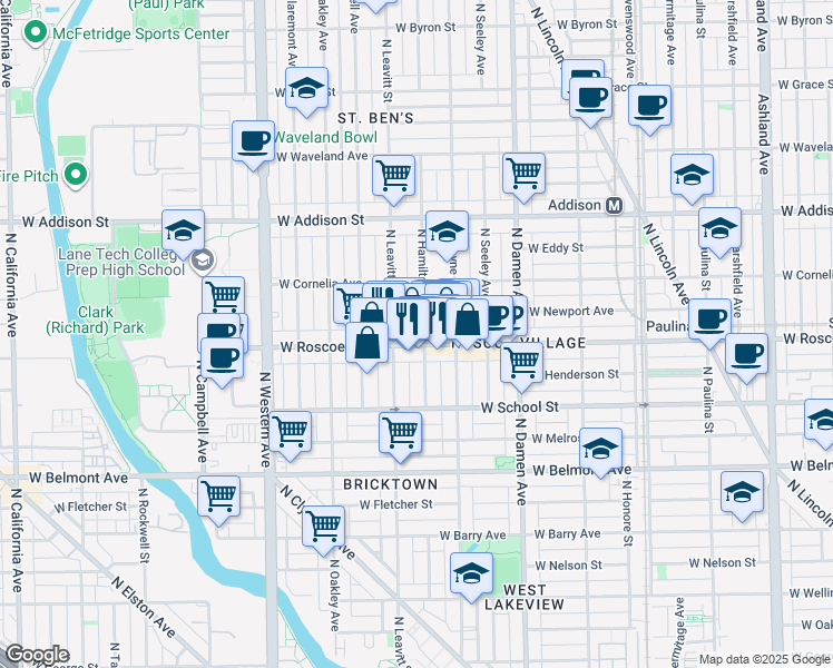 map of restaurants, bars, coffee shops, grocery stores, and more near 2139 West Roscoe Street in Chicago