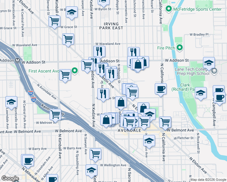 map of restaurants, bars, coffee shops, grocery stores, and more near 3407 North Albany Avenue in Chicago