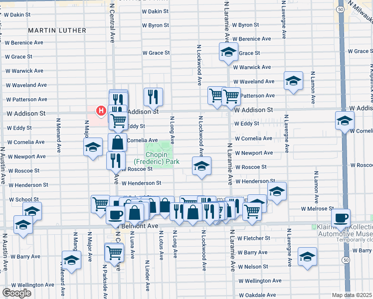 map of restaurants, bars, coffee shops, grocery stores, and more near 5331 West Newport Avenue in Chicago