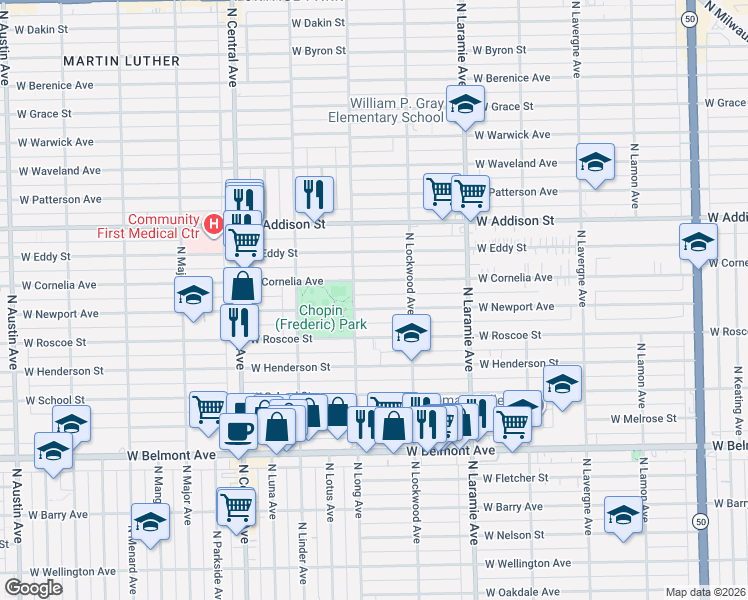 map of restaurants, bars, coffee shops, grocery stores, and more near 5331 West Newport Avenue in Chicago