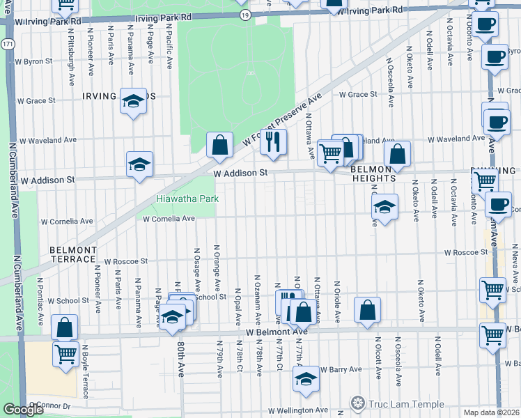 map of restaurants, bars, coffee shops, grocery stores, and more near 3460 North Ozanam Avenue in Chicago