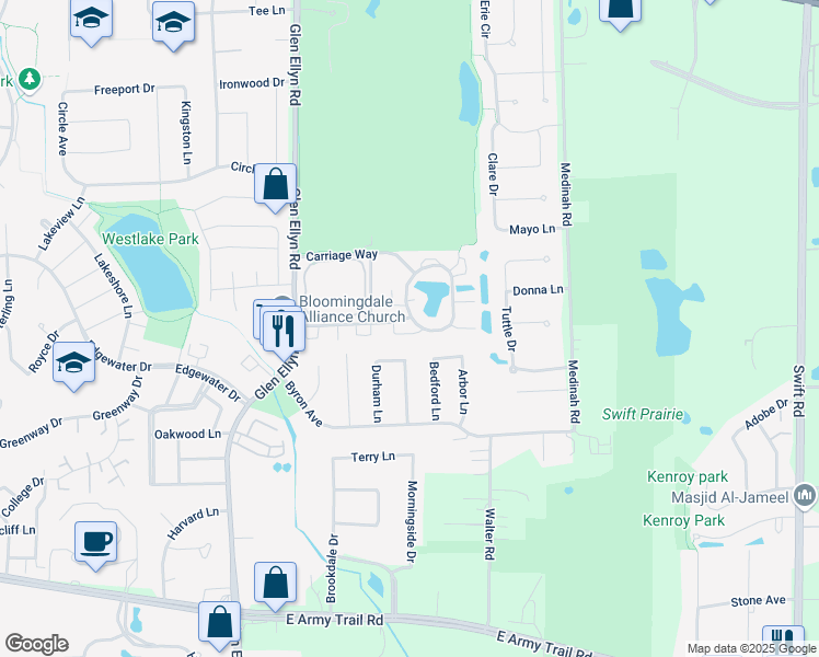 map of restaurants, bars, coffee shops, grocery stores, and more near 322 Briarwood Lane in Bloomingdale