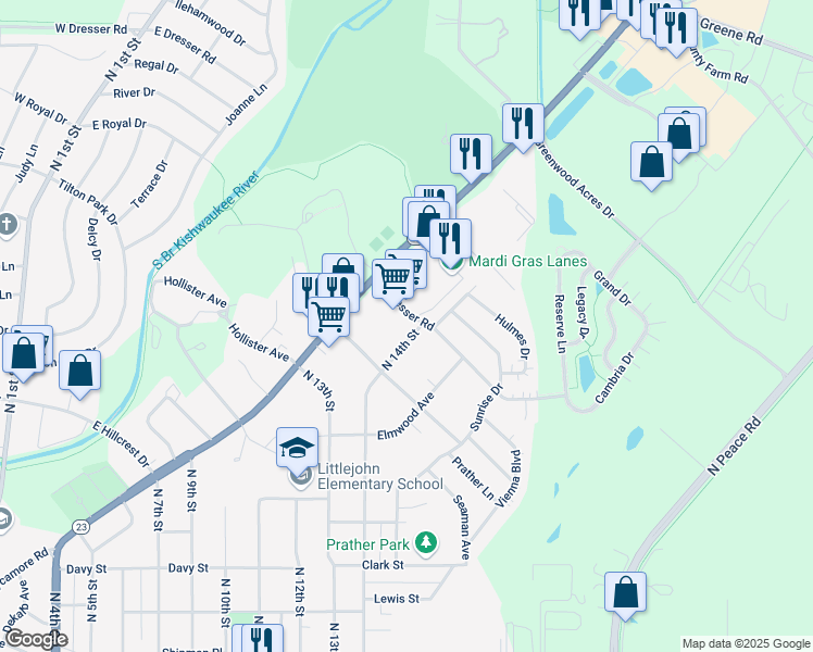 map of restaurants, bars, coffee shops, grocery stores, and more near 1425 North 14th Street in DeKalb