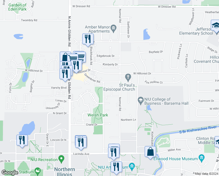 map of restaurants, bars, coffee shops, grocery stores, and more near 809 Charles Street in DeKalb