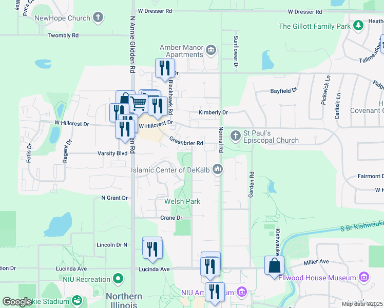 map of restaurants, bars, coffee shops, grocery stores, and more near 824 Russell Road in DeKalb