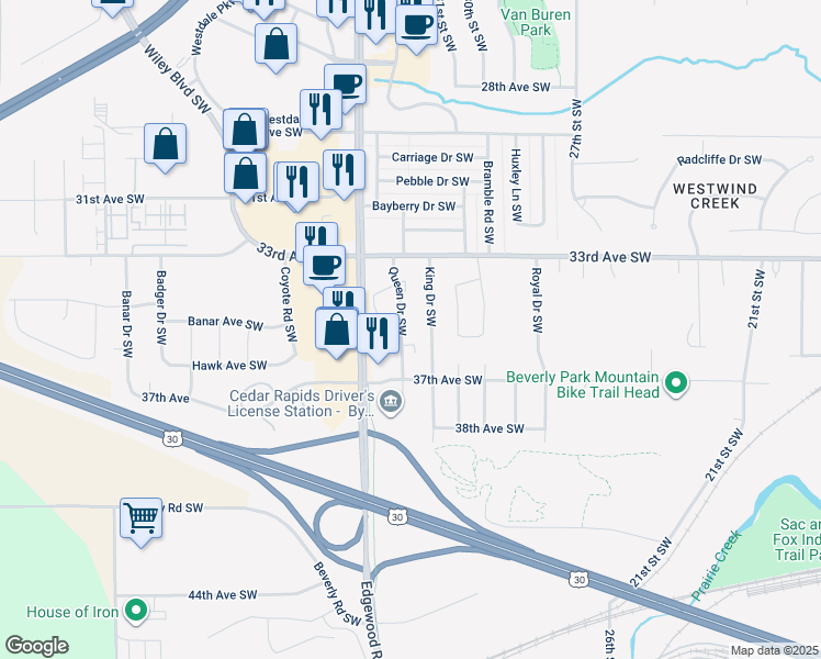 map of restaurants, bars, coffee shops, grocery stores, and more near 3527 Queen Drive Southwest in Cedar Rapids