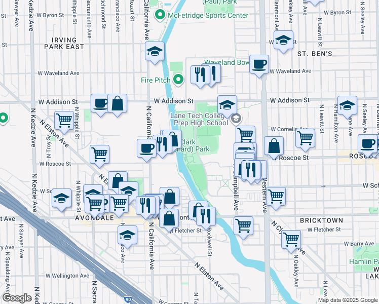 map of restaurants, bars, coffee shops, grocery stores, and more near 3402 North Rockwell Street in Chicago