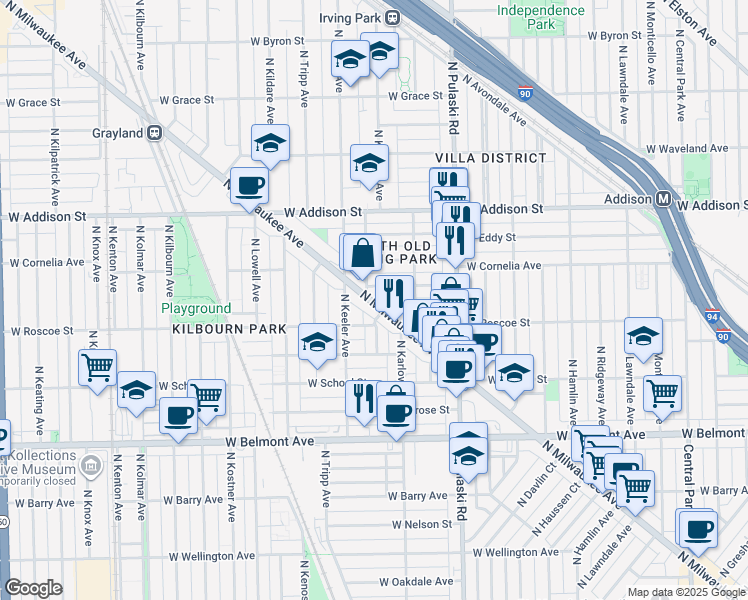 map of restaurants, bars, coffee shops, grocery stores, and more near 3421 North Milwaukee Avenue in Chicago
