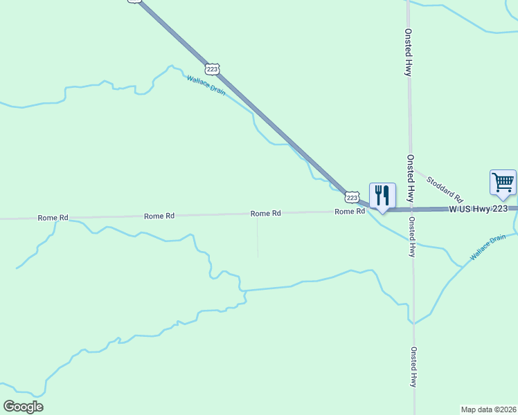 map of restaurants, bars, coffee shops, grocery stores, and more near 10512 Rome Road in Adrian