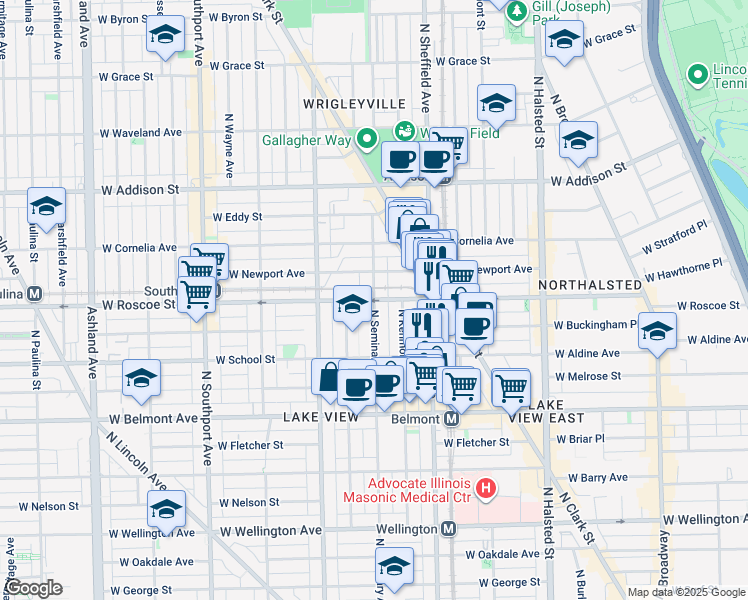 map of restaurants, bars, coffee shops, grocery stores, and more near West Roscoe Street & North Seminary Avenue in Chicago