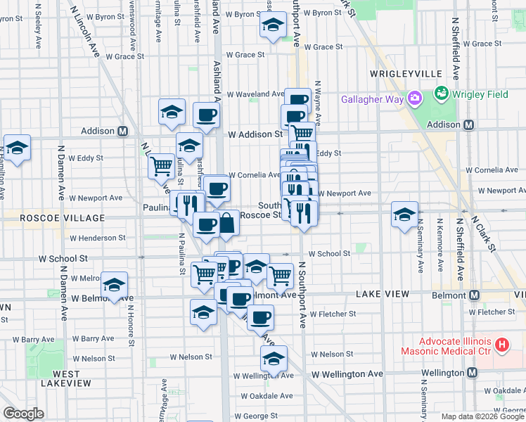 map of restaurants, bars, coffee shops, grocery stores, and more near 1455 West Roscoe Street in Chicago