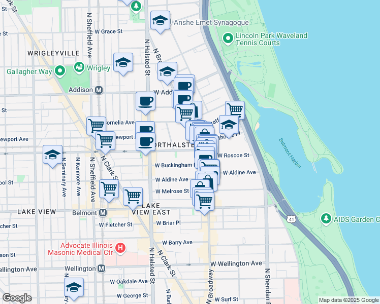 map of restaurants, bars, coffee shops, grocery stores, and more near 641 West Roscoe Street in Chicago