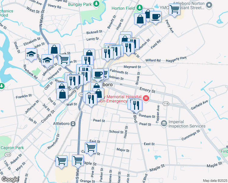 map of restaurants, bars, coffee shops, grocery stores, and more near 105 Park Street in Attleboro