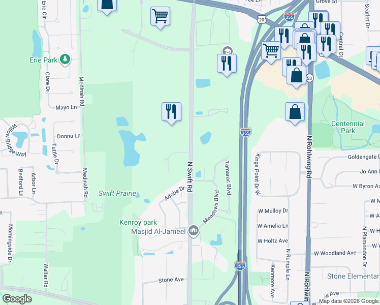 map of restaurants, bars, coffee shops, grocery stores, and more near 818 College Boulevard in Addison