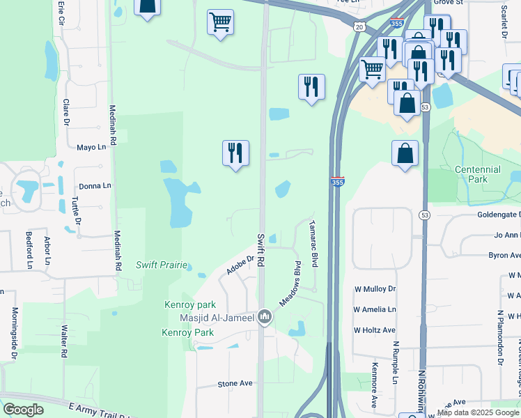 map of restaurants, bars, coffee shops, grocery stores, and more near 822 College Boulevard in Addison