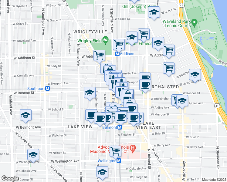 map of restaurants, bars, coffee shops, grocery stores, and more near W Roscoe St & N Sheffield Ave in Chicago