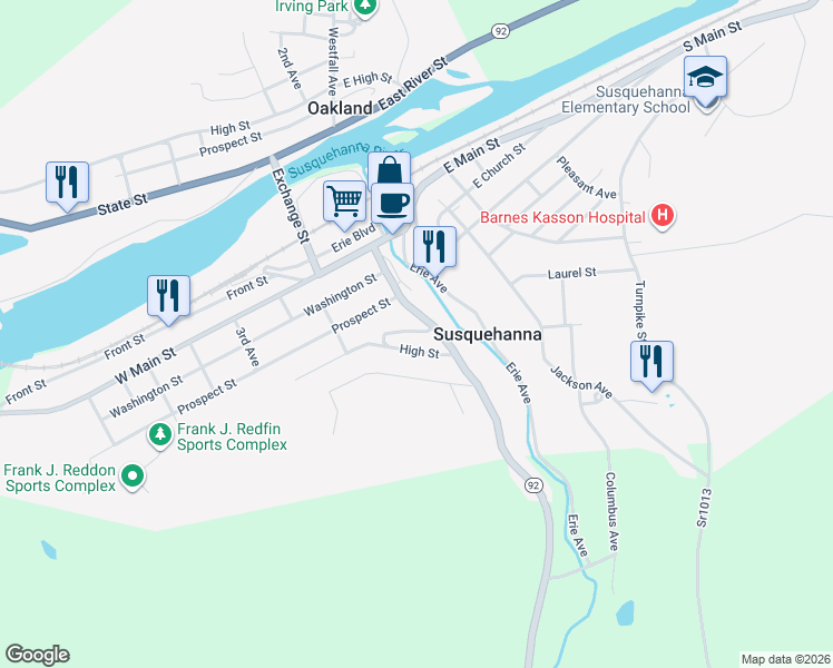 map of restaurants, bars, coffee shops, grocery stores, and more near 301-321 High Street in Susquehanna
