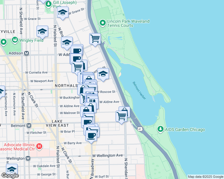 map of restaurants, bars, coffee shops, grocery stores, and more near 437 West Roscoe Street in Chicago