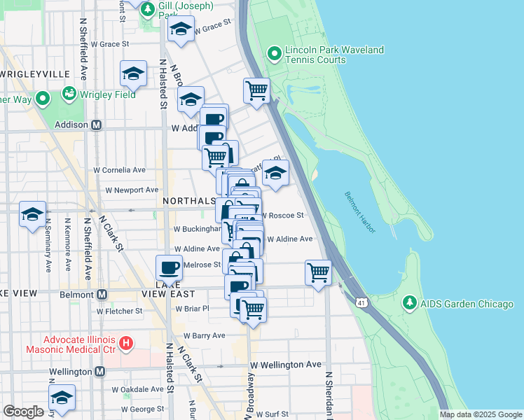 map of restaurants, bars, coffee shops, grocery stores, and more near 539 West Roscoe Street in Chicago