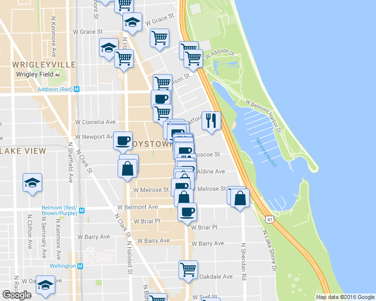 map of restaurants, bars, coffee shops, grocery stores, and more near 539 West Roscoe Street in Chicago