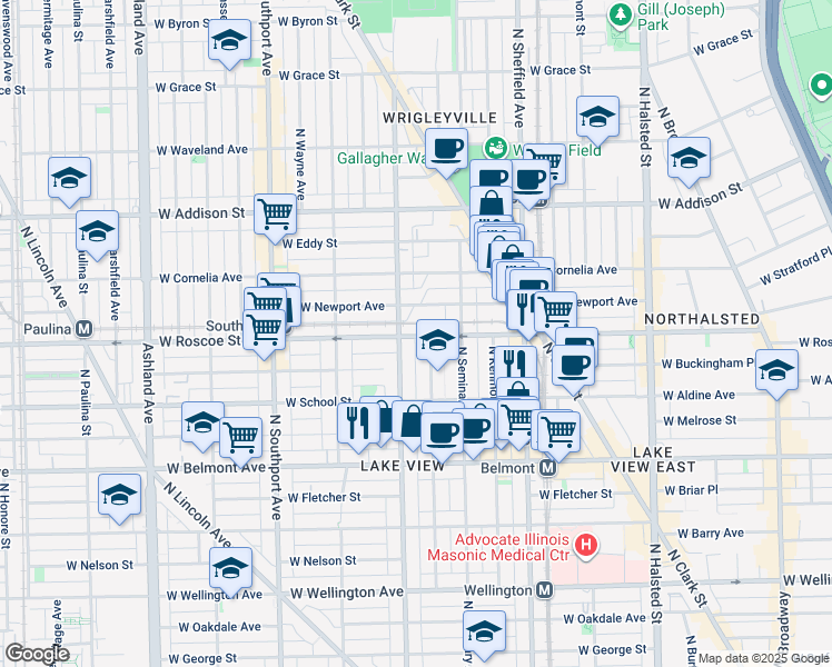 map of restaurants, bars, coffee shops, grocery stores, and more near 3339 North Racine Avenue in Chicago