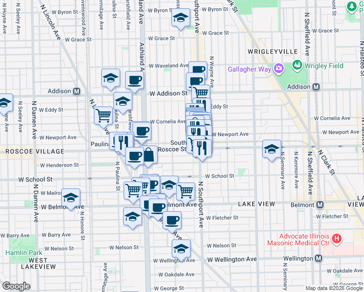 map of restaurants, bars, coffee shops, grocery stores, and more near 1455 West Roscoe Street in Chicago