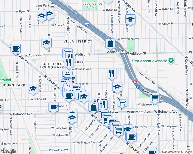 map of restaurants, bars, coffee shops, grocery stores, and more near 3816 West Roscoe Street in Chicago