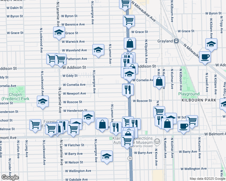 map of restaurants, bars, coffee shops, grocery stores, and more near 4909 West Newport Avenue in Chicago