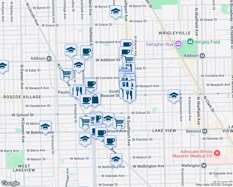 map of restaurants, bars, coffee shops, grocery stores, and more near 1440 West Roscoe Street in Chicago