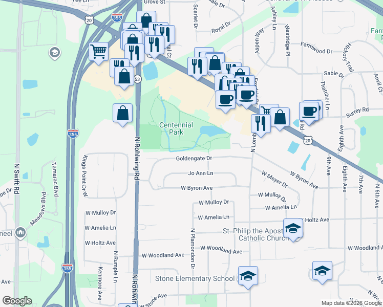 map of restaurants, bars, coffee shops, grocery stores, and more near 1651 West Goldengate Drive in Addison