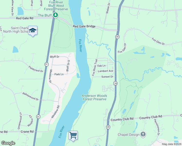 map of restaurants, bars, coffee shops, grocery stores, and more near 5N084 Grove Avenue in St. Charles