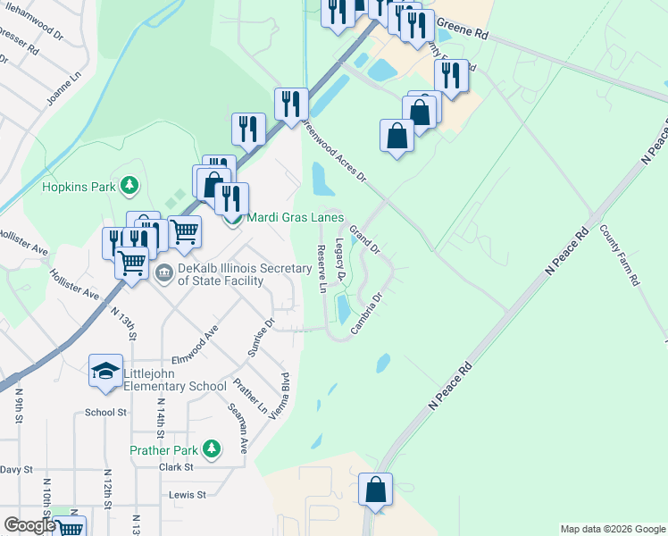 map of restaurants, bars, coffee shops, grocery stores, and more near 1457 Reserve Lane in DeKalb