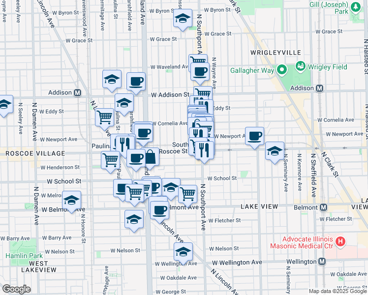 map of restaurants, bars, coffee shops, grocery stores, and more near 3400 North Janssen Avenue in Chicago