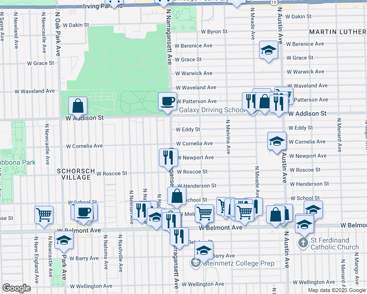 map of restaurants, bars, coffee shops, grocery stores, and more near 6318 West Newport Avenue in Chicago