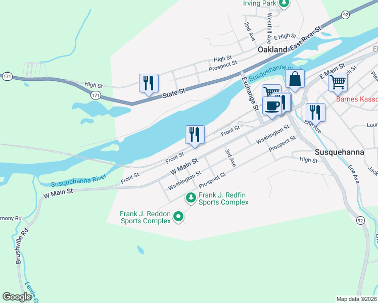map of restaurants, bars, coffee shops, grocery stores, and more near 920 Front Street in Susquehanna