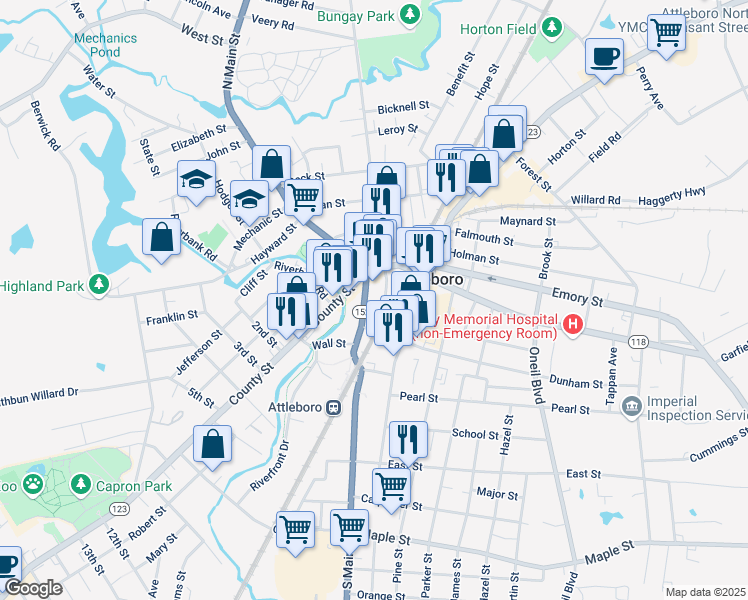 map of restaurants, bars, coffee shops, grocery stores, and more near 34 South Main Street in Attleboro