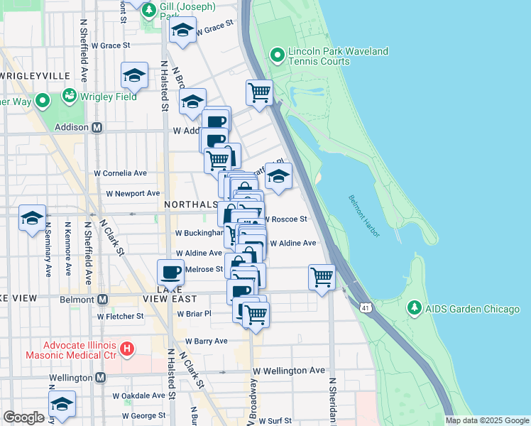 map of restaurants, bars, coffee shops, grocery stores, and more near 532 West Roscoe Street in Chicago