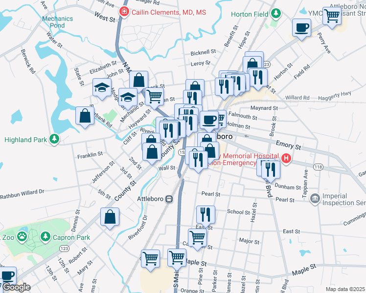 map of restaurants, bars, coffee shops, grocery stores, and more near 45 Massachusetts 152 in Attleboro