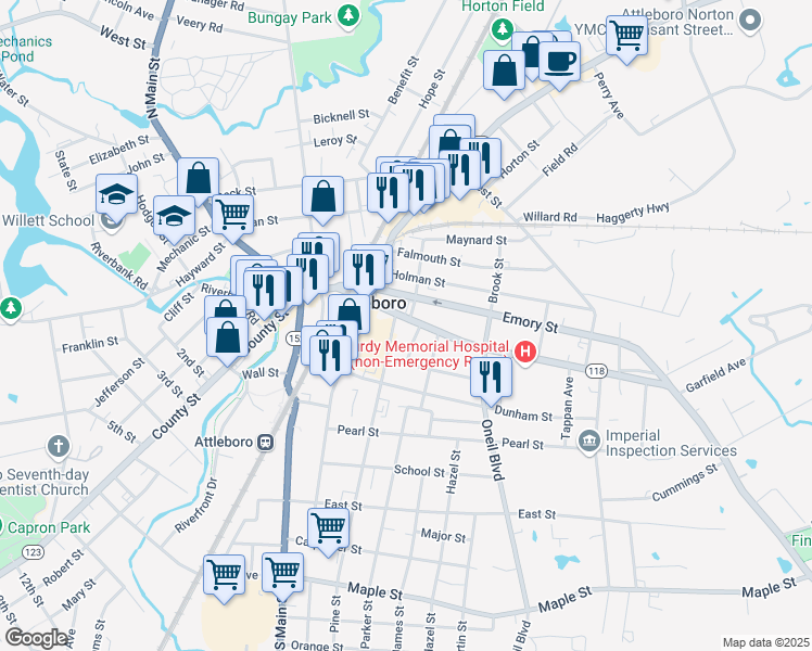 map of restaurants, bars, coffee shops, grocery stores, and more near 103 Park Street in Attleboro