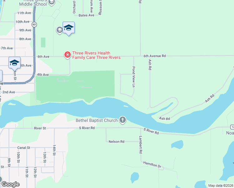 map of restaurants, bars, coffee shops, grocery stores, and more near 17803 Bluff Drive in Three Rivers