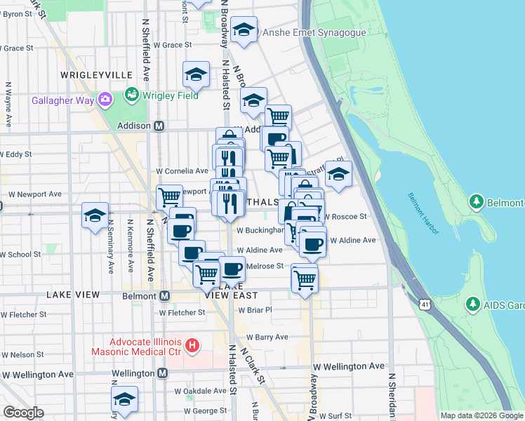 map of restaurants, bars, coffee shops, grocery stores, and more near W Roscoe St & N Elaine Pl in Chicago