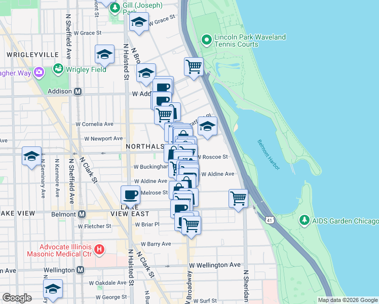 map of restaurants, bars, coffee shops, grocery stores, and more near 539 West Roscoe Street in Chicago