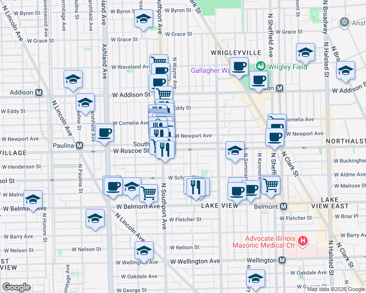 map of restaurants, bars, coffee shops, grocery stores, and more near 3347 North Lakewood Avenue in Chicago