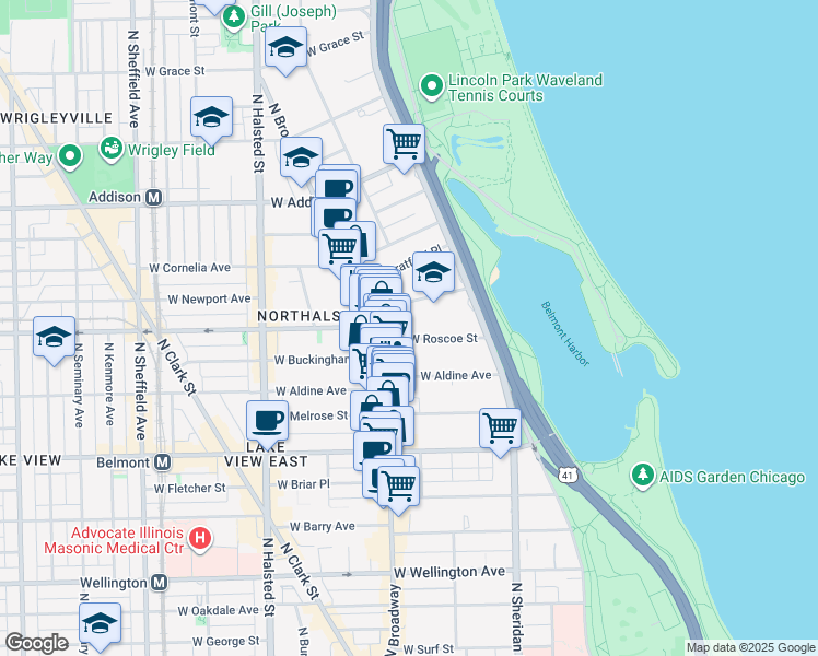map of restaurants, bars, coffee shops, grocery stores, and more near 539 West Roscoe Street in Chicago