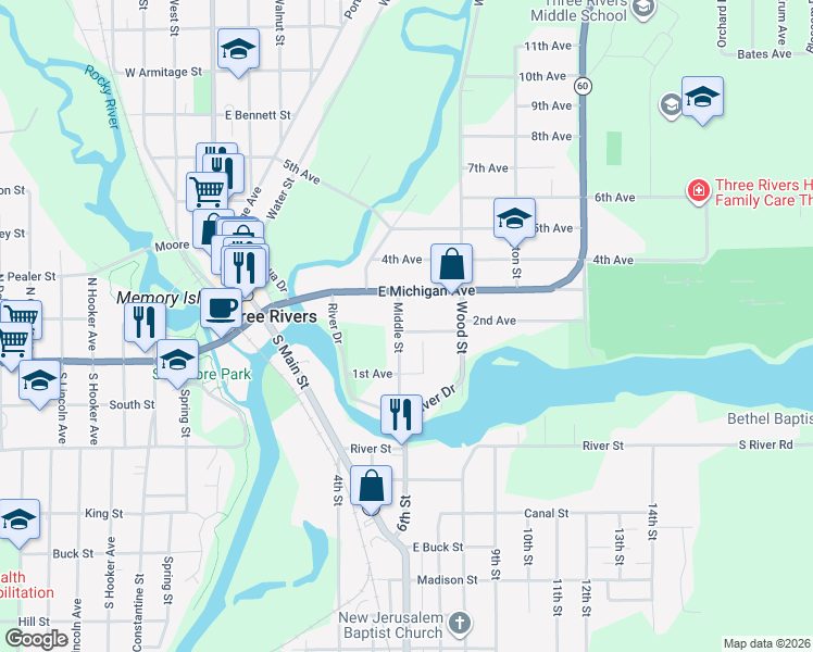 map of restaurants, bars, coffee shops, grocery stores, and more near 218 Middle Street in Three Rivers