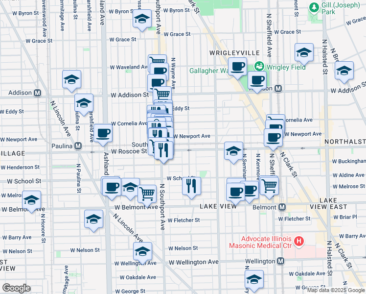 map of restaurants, bars, coffee shops, grocery stores, and more near 3346 North Lakewood Avenue in Chicago